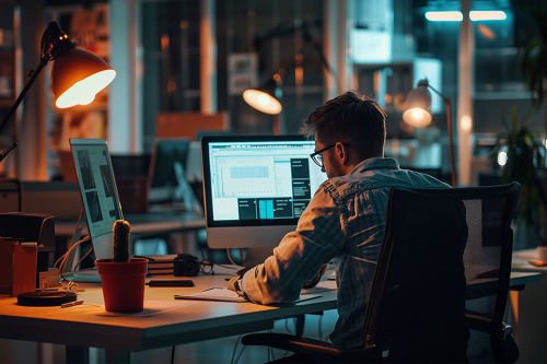 Mann sitzt an seinem Arbeitsplatz mit zwei Bildschirmen 